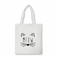 

Cute Meow Cat Canvas Shopping Bag Women Large Capacity Storage Handbag Shoulder Tote Reusable Student Bookbag Fashion Shopper
