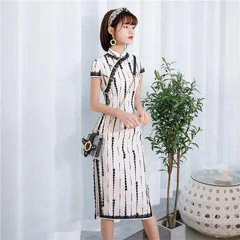 

Vintage Mandarin Collar Satin Print Women Cheongsam Vestidso High Split Lace Qipao Summer New Short Sleeve Chinese Dress