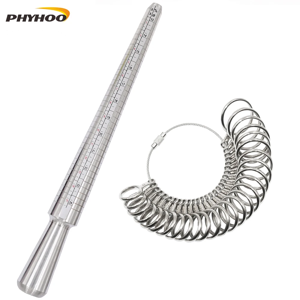 Ring Mandrel Sizer Metal Jewelry Measure Size 1-13 with Rings Finger Gauge Set of 27 Pcs Circle Models Jewelers Sizers Tools phyhoo ring sizer gauge set jewellery measure finger sizing tools rings size measurements uk sizes a z metal steel