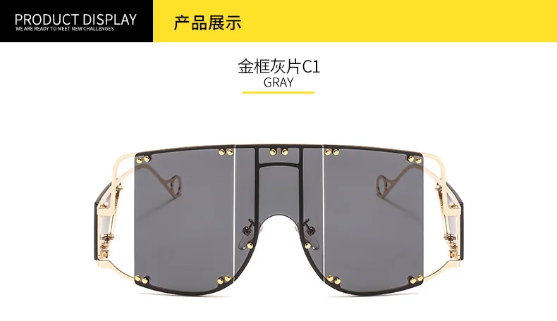 Негабаритные панк металлические солнцезащитные очки для женщин новая большая рамка заклепки солнцезащитные очки для мужчин уникальные полые цельные FML