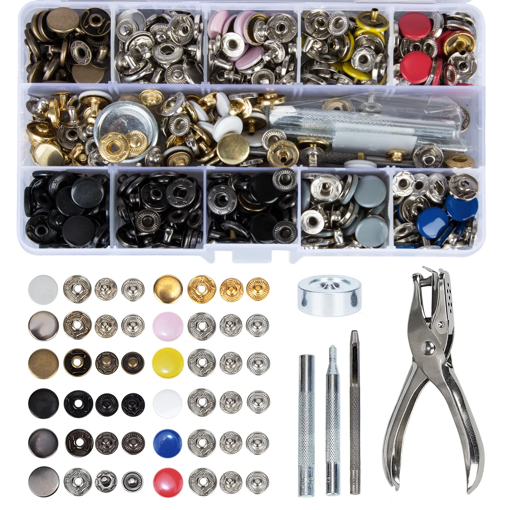 

12 Colors Snap Fastener Kit 150Set Metal Snap On Buttons Press Studs with 4pcs Fixing Tools 1pc Punch Pliers Leather Crafts Snap