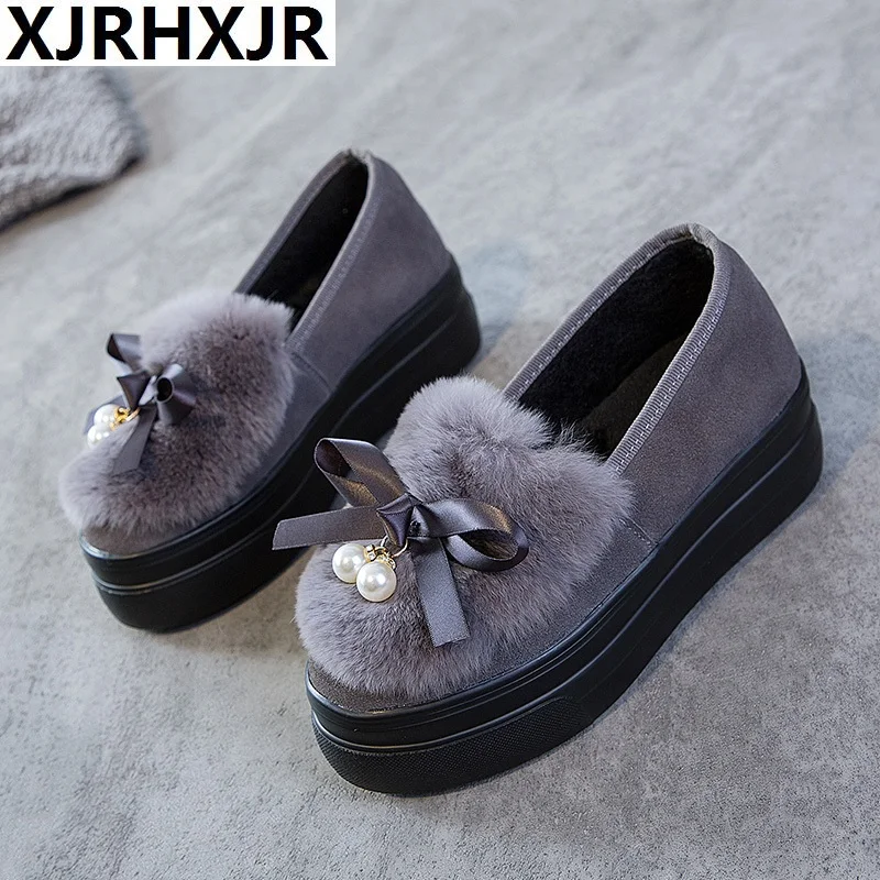 

7cm Cow Suede Winter Platform Shoes Women Outdoor Home Slippers Female Winter Fur Fuzzy Cotton Shoes Ladies Cute Loafers Bow