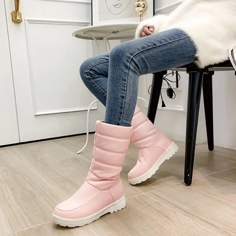 SJJH Women Winter Snow Boots with Round Toe Slip-on Plush Mid-calf Boots Fashion Casual Shoes Large Size E269