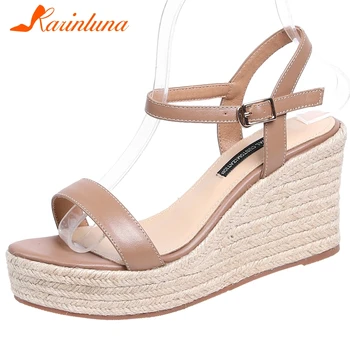 

Karinluna Fashion Hot Sale Genuine Cow Leather Platform Summer Shoes Woman Sandals Wedge High Heels Buckle Sandals Women Shoes