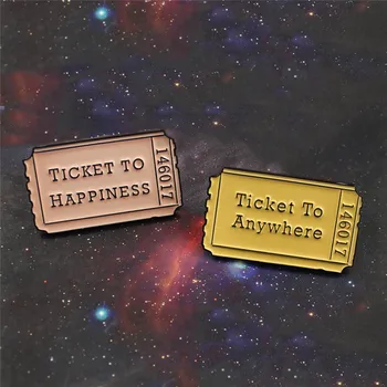 

Tickets to Happiness Anywhere Enamel Pins Custom Vintage Ticket Brooches Bag Clothes Lapel Pin Badges Creative Jewelry Gift