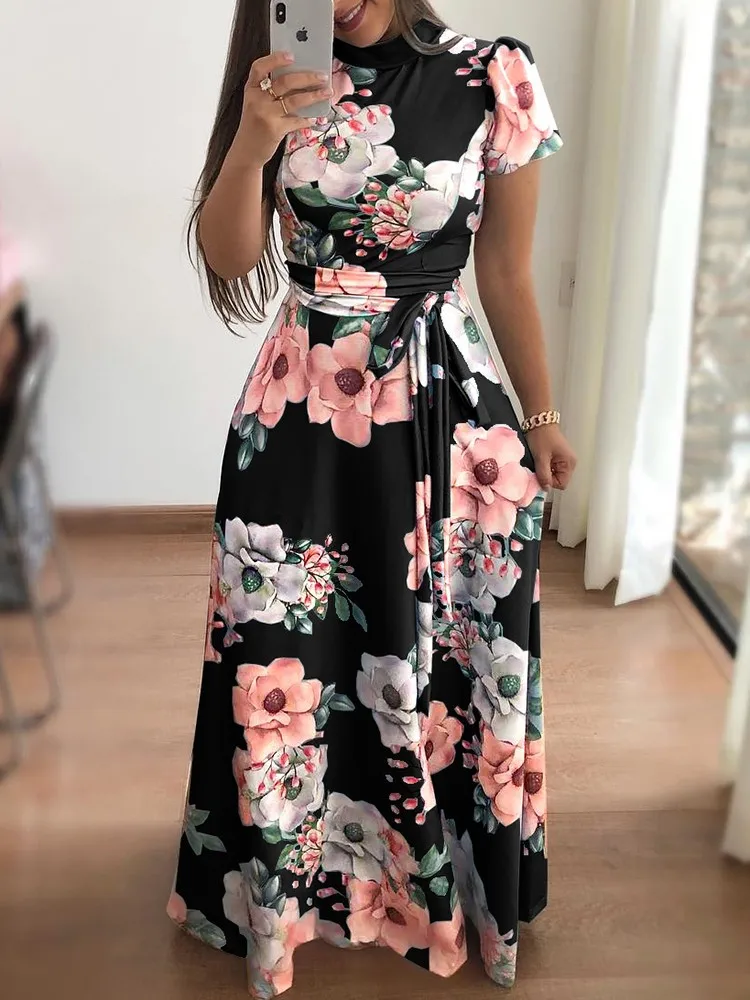 Women Summer Dress 2020 Casual Short Sleeve Long Dress Boho Floral Print Maxi Dress Turtleneck Bandage Elegant Dresses Vestido