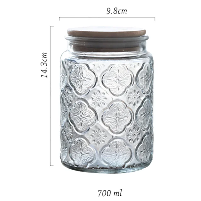 Relief Glass Storage Jar Carved Flower with Wooden Lid Sugar Crystal  Jars Seal Tea Caddy Grain Dispenser Kitchen Supplies 6