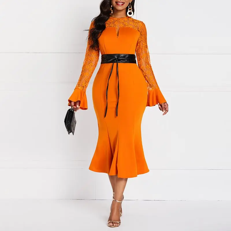 

Evening Party Orange See Through Floral Lace Bodycon Mermaid Dress Plus Size African Women Office Lady Work Ruffle Midi Dresses