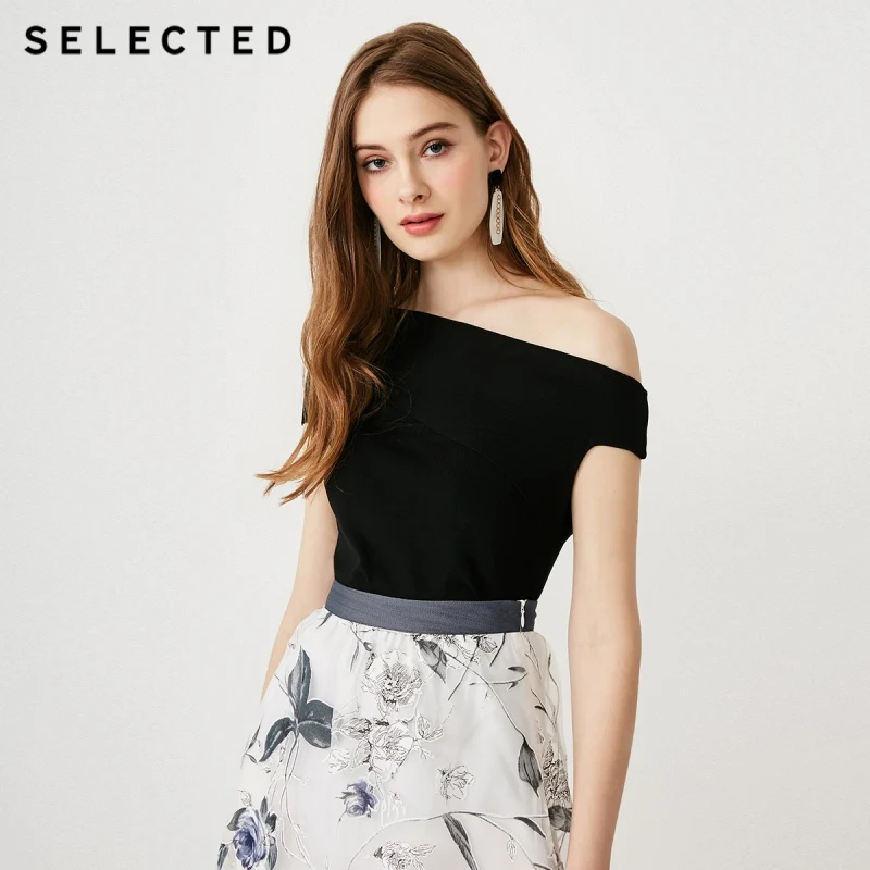 SELECTED Stretch Diagonal Boat Neck Short-sleeved Knitted Tops S|419224502 | Женская одежда