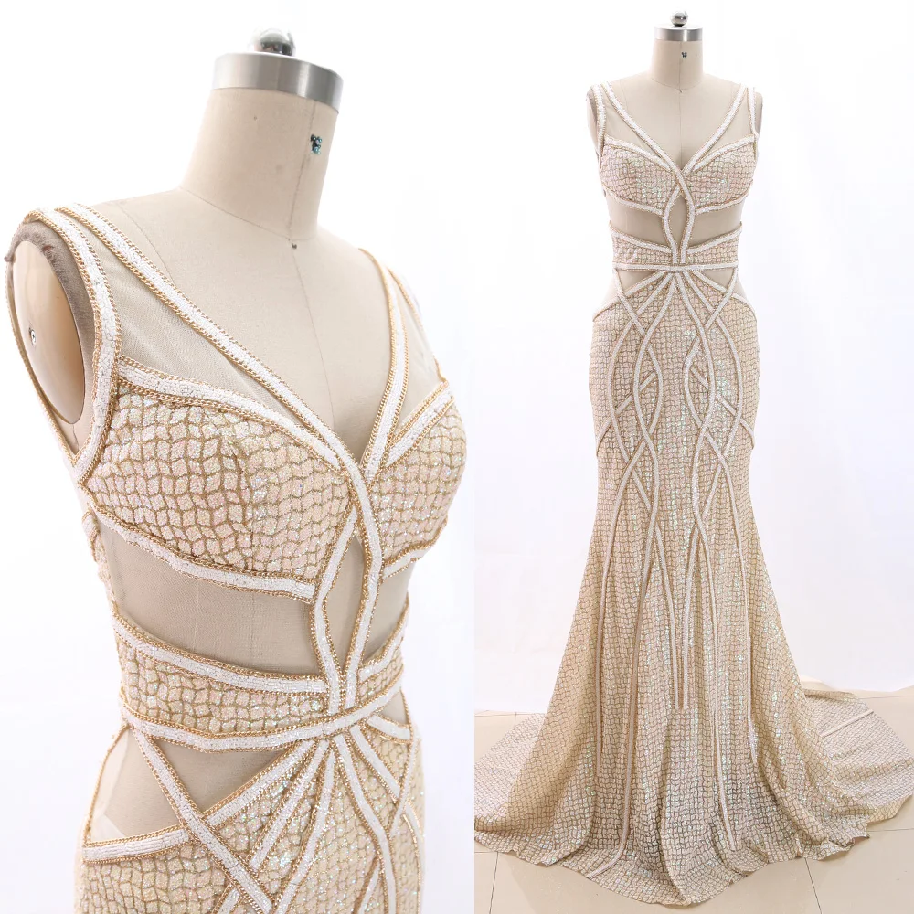 

MACloth Gold Mermaid V Neck Floor-Length Long Sequin Prom Dresses Dress M 266528 Clearance