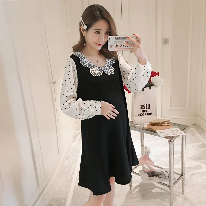 

Maternity Clothes Autumn New Style Maternity Dress xiu hua ling Joint Long Sleeve Joint Spring And Autumn Pregnant Women Dress