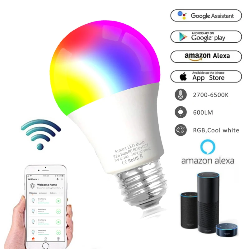 WiFi умный светильник, Диммируемый, многоцветный, светильник s, не требуется концентратор, совместим с Alexa и Google Assistant