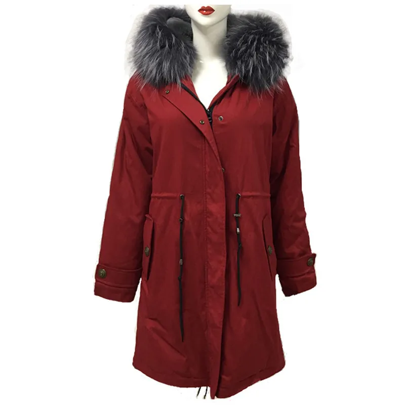 Causale Rood Mannen Jas Lange Stijl Winter Faux Fur Parka Deep Grey Wasbeer Bontkraag Jas Met Pocket