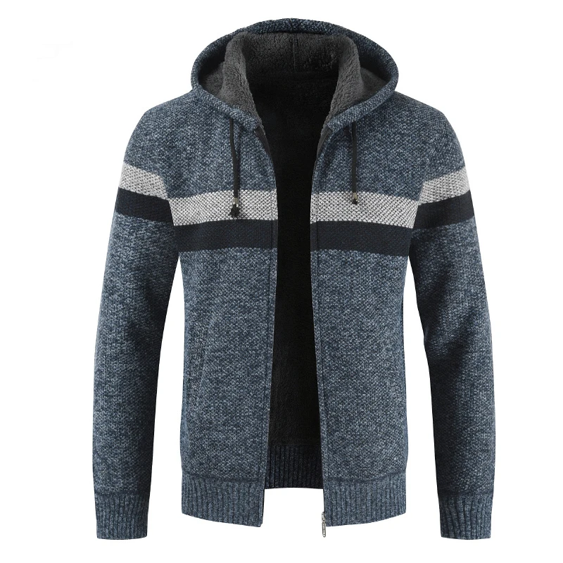 2019 мужской зимний толстый свитер теплый кардиган с капюшоном одежда мужская полосатая кашемировая шерстяная подкладка на молнии флисовые