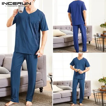 

Men Short Sleeve Multi Pockets Overalls Royal Blue Cargo Joggers Working clothing Coverall Elasticated Long Pants Sets INCERUN