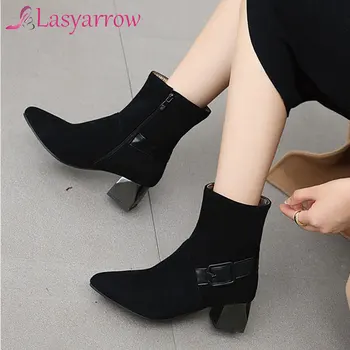 

Lasyarrow Womens Leopard Mixed Colors Pointy Toe Ankle Boots Block Chunky Heel Shoes Warm Winter Plus Size 34-43