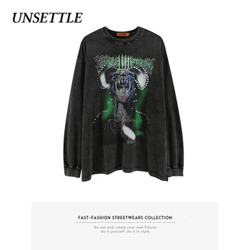 

2020AW Autumn Gothic Heavy Washed Oversized Long Sleeve t shirt Harajuku Print Men/Women Hip Hop Streetwear T-shirts Male Tops