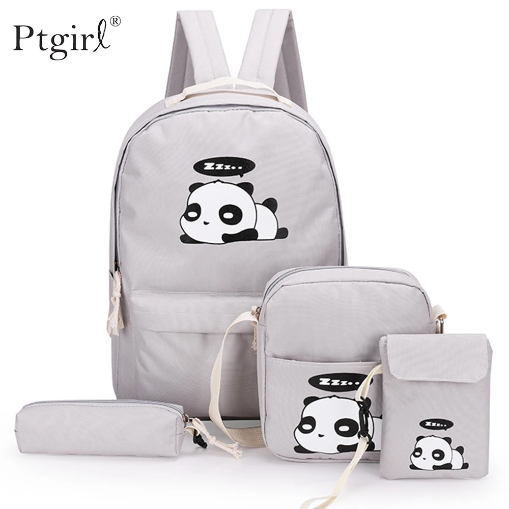 Best 4pcs Set Canvas Women Backpack Girls Cute Panda Print Student Backpack Ptgirl Shoulder Teenagers Book Bagpack Mochila Feminina
