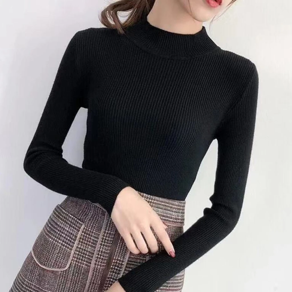 Fashion Blouse Women Top Korean Harajuku Long-sleeved Knitting Shirt  Solid Color Slim Semi-High Collar Elegant Shirts 826