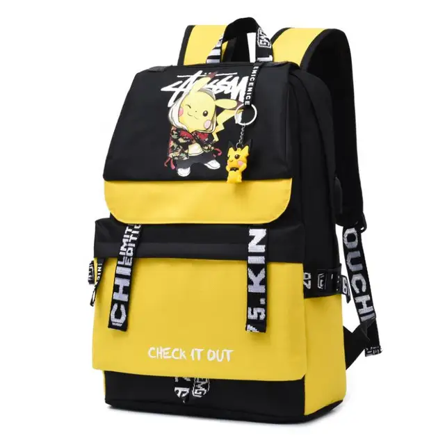 Action Large Pikachu Backpack with USB Charge Line Student Schoolbag Cute Cartoon Pikachu Couple Bags Quality Canvas Bag Gift 1