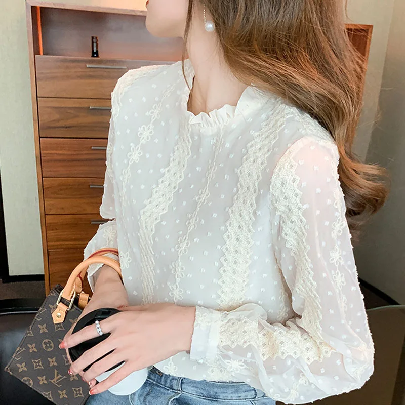 

Lace Blouse Chiffon Shirts for Women Long Sleeved Female Dropshipping Ladies Tops Office Wear Blusa Spliced Pullover Simple 1545