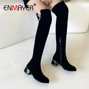 

ENMAYER 2019 Faux Suede Slim Boots Basic Round Toe Platform Boots Flock Over-the-Knee Square Heel Boots Women Size 34-43