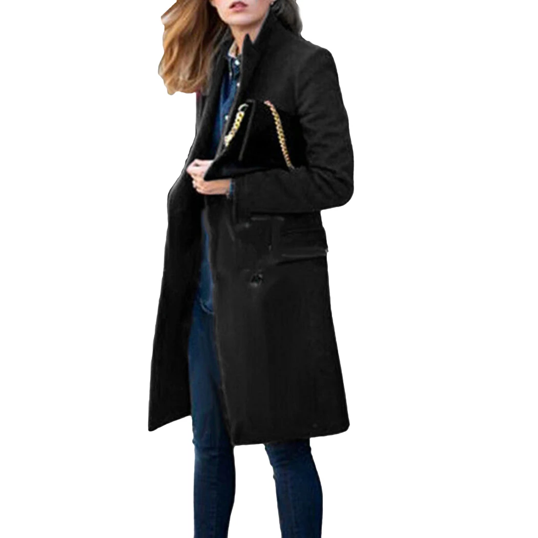 Зимнее весеннее шерстяное длинное пальто женское двубортное пальто с воротником с лацканами модное однотонное тонкое женское Шерстяное Пальто Верхняя одежда