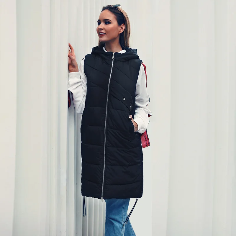 

BSTCOCHI Winter Long Vest Women Sleeveless Jacket Zip Up Hooded Long Down Vest 2019 Fashion Sleeveless Down Coat Plus Size