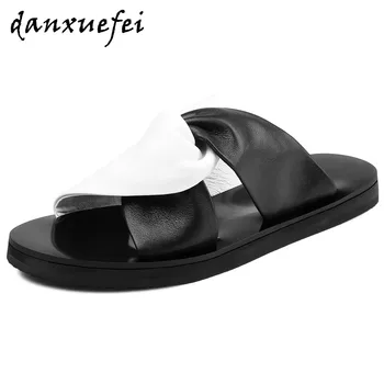 

Women's genuine leather mix color cross strap flats slides high quality soft comfort casual daily summer female footwear shoes