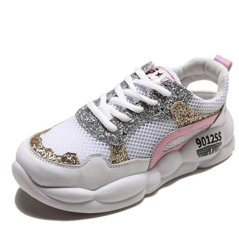 

Dad shoes women's summer breathable mesh 2020 new laser cut-out Sequin color matching lace up women's sports shoes