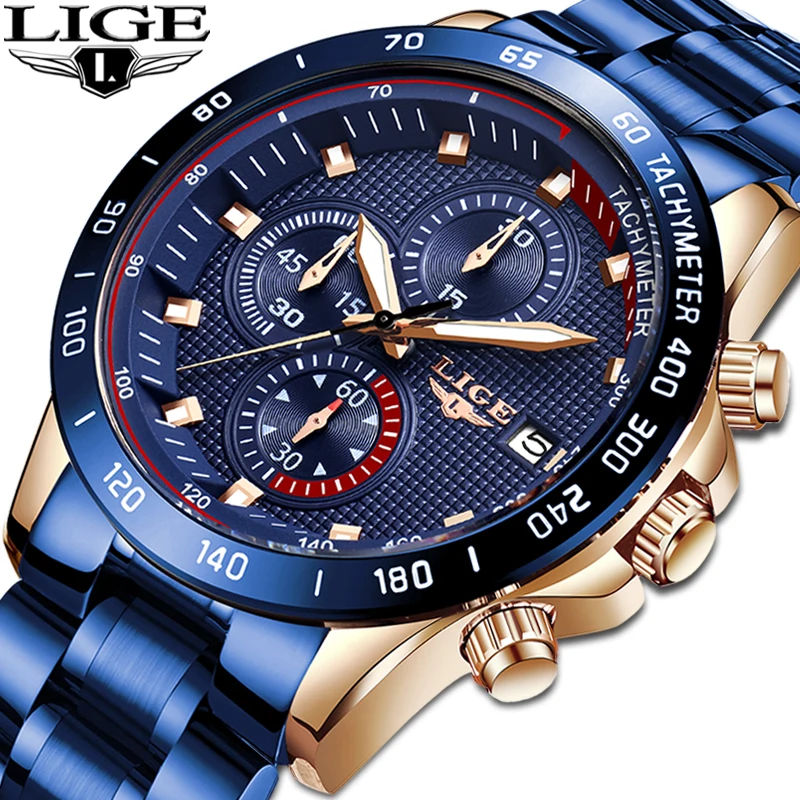 

LIGE NEW Top Original Luxury Brand Men Fashion Sport Quartz Watches Men's Military Full Steel Waterproof Analog Date Wristwatch