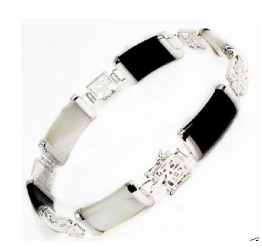 Fashion jewelry Free Shipping New Style Natural stone Black Natural&ampWhite Shell Fortune Luck Link Bracelet (A0427) -Bride jewel |