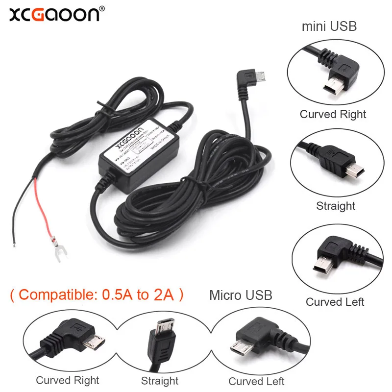 XCGaoon 133piece DC 12V to 5V 2A 3.5M Car Charge Cable Mini / Micro USB Wire Cord Auto Charging for Dash Cam