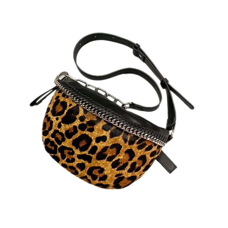 

2019 Leopard Horse Hair Female Shoulder Diagonal Cross Chest Leather Chain Pockets Semi-circle Saddle waist bag