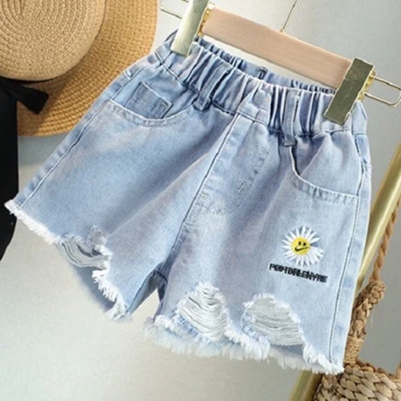 

Size 100-160CM Board Shorts Girls Denim Shorts Summer Children's Clothing Beach Pants Loose Hot Pants Little Girls Kids Shorts