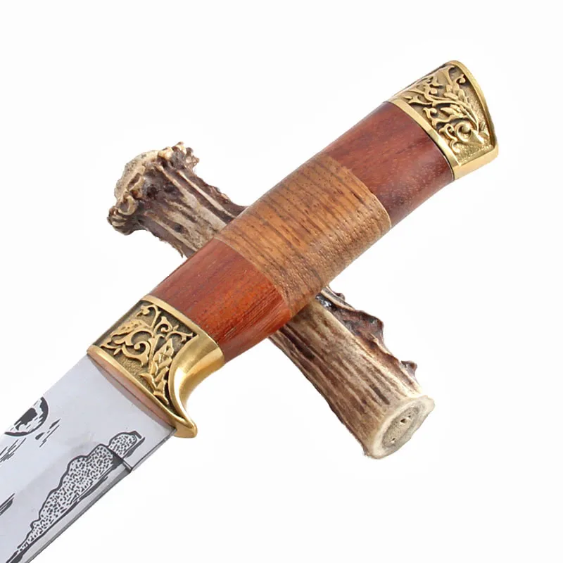 DuoClang изысканный 440 стальной охотничий нож для выживания с фиксированным лезвием, латунный+ палисандр+ Зебра, деревянные ручки, ножи с рисунком волка
