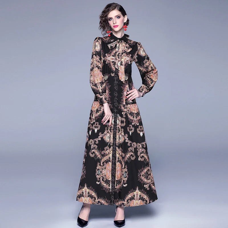 

Fashion Designer Maxi Dress Plus Size Women's Long Lantern Sleeve Button Down Vintage Print Casual Shirt Long Dress With Belt