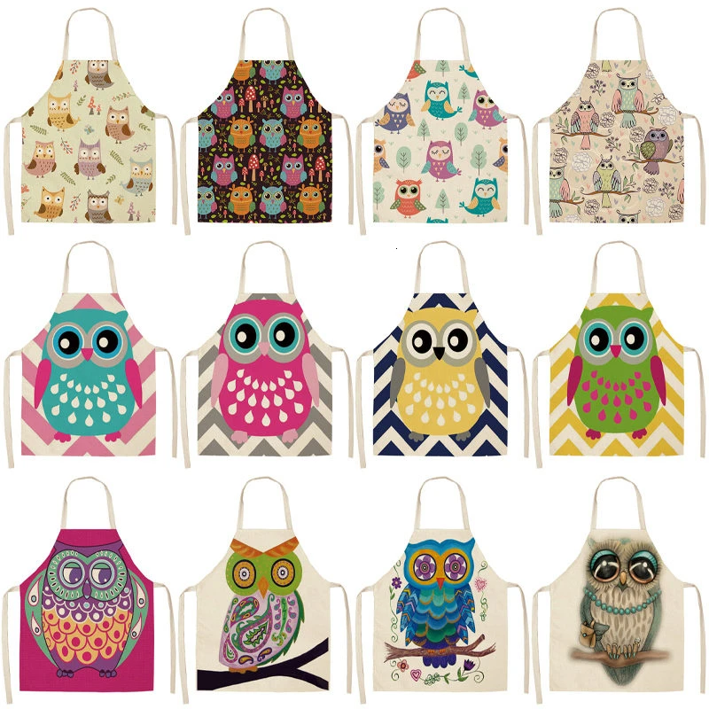 1Pcs Cartoon Owl Printed Kitchen Apron for Woman Sleeveless Cotton Linen Aprons For Cooking Home Cleaning Tools WQCN38