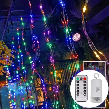 

200 LEDs Waterproof Remote Timer Waterfall Vine String Lights 10 Strands Battery Operated Silver Wire Twinkle Fairy Lights D30