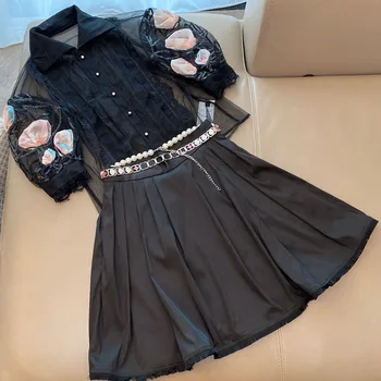 

Women Skirt Set Summer Black Blouse And Mini Skirt Fashion Suit Ladies Runway 2 Piece Sets