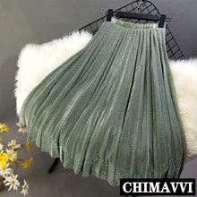 Яркие шелковые средней длины женские плиссированные юбки сплошной цвет Весна Лето Высокая талия трапециевидная юбка