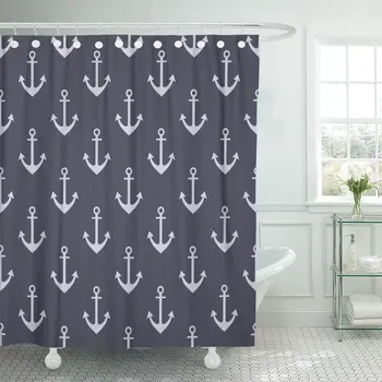 

Blue Pattern Anchor Symmetrical Nautical Graphic for Brown Abstract Bathroom Curtain Waterproof Polyester Fabric 60 x 72 inches
