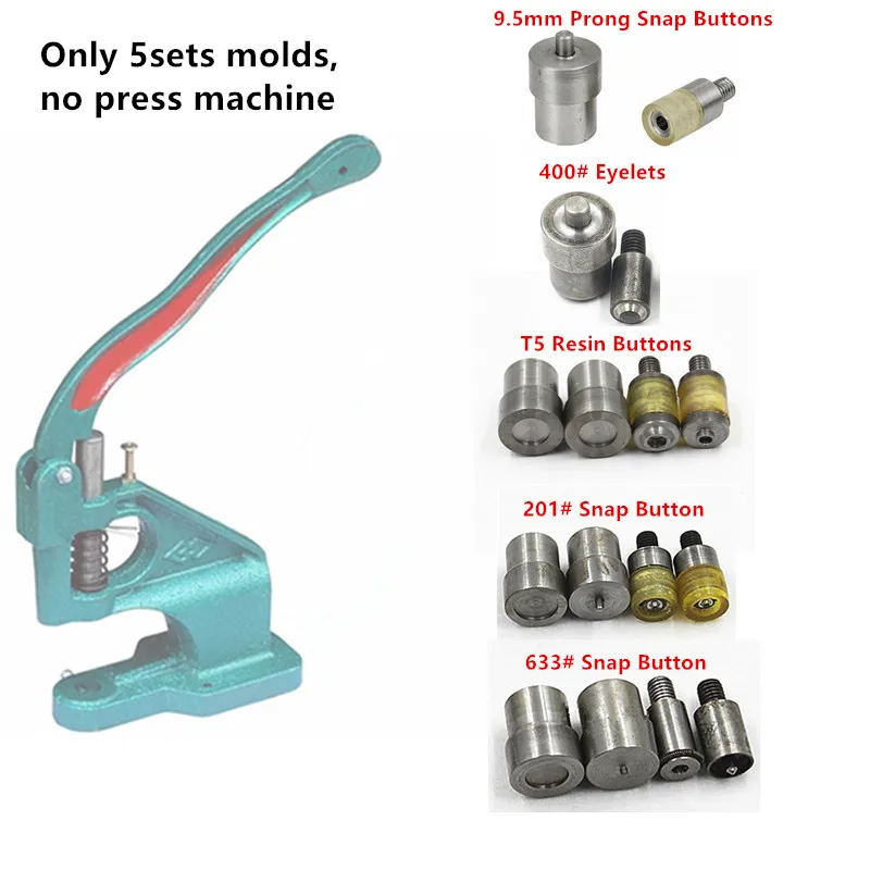 

5set Hand Pressing Clamp Machine Tools 9.5mm Prong Snap Buttons Mold 6mm Eyelets Grommets Die Mold T5/633/201 Snap Fastener Dies