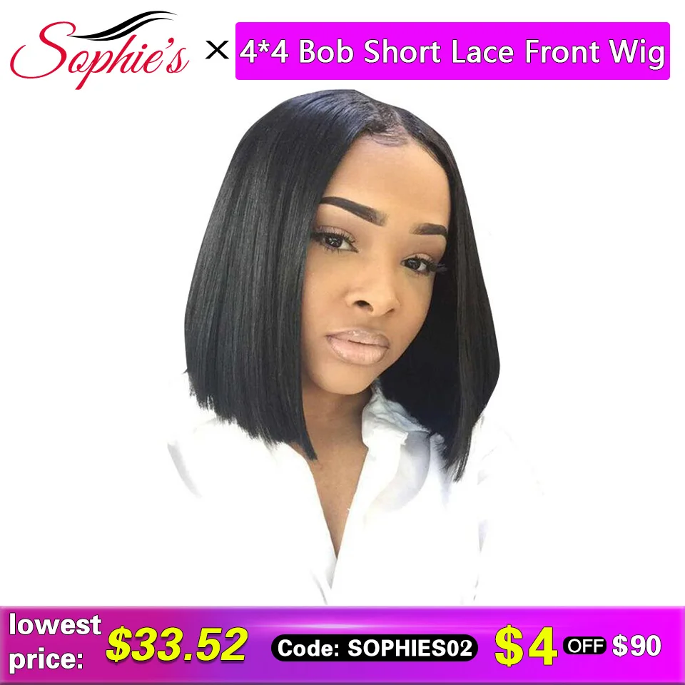 Beste Sophie S 4*4 Vetersluiting Korte Bob Menselijk Haar Pruiken Pre Geplukt Braziliaanse Straight Menselijk Haar Pruiken 150% Dichtheid Remy Pruik 8 14\