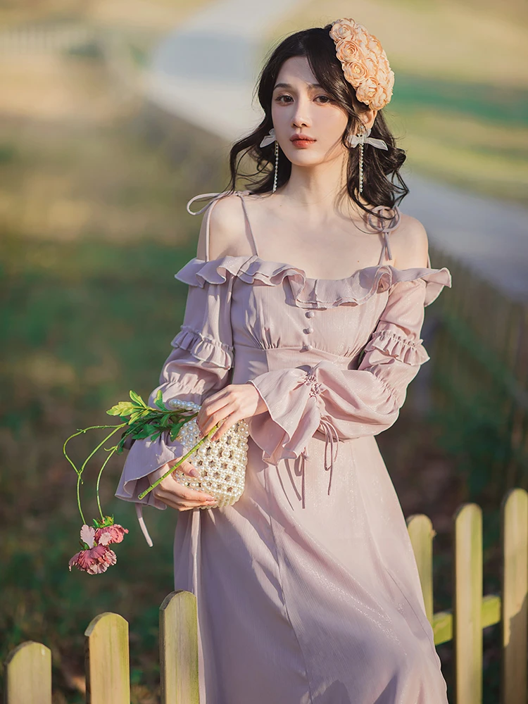 Chic Lavendel Romantische Fee Kleid Frau Vintage Slash Neck Straps Flare  Sleeve Sexy Party Night Club Kleider Vestido Festa|Dresses| - AliExpress