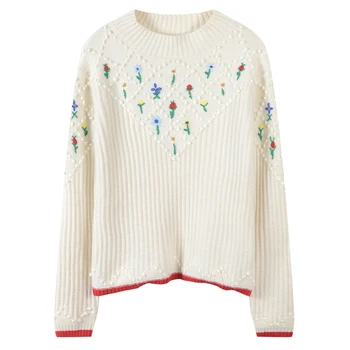 

Retro Floral Embroidery Knitted Sweater Pullovers Women O-Neck Autumn Hairball Patchwork Jumper Ladies Winter Pull Femme Fashion