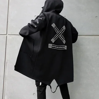

Autumn Men's Windbreaker Long Fashion Hooded Jacket Personality Letter Printing Hooded Jacket Black Hip Hop Street Clothing Men