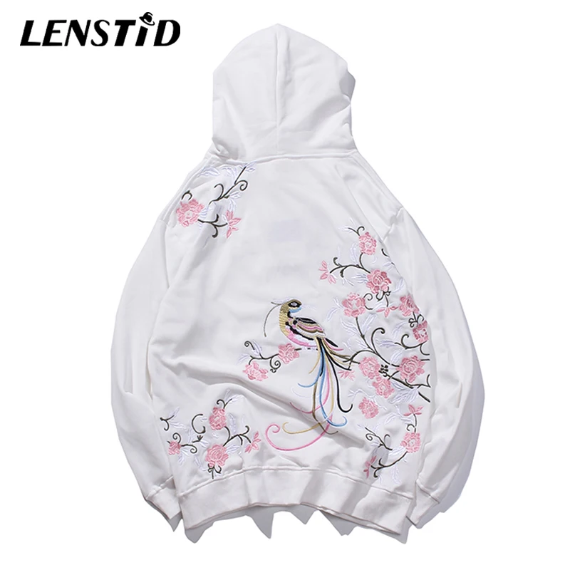 LENSTID осень японский Harajuku цветок и птицы вышивка хлопковые пуловеры худи мужские хип хоп Уличная Толстовка