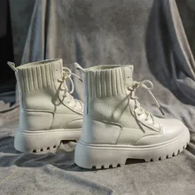 Новинка; женские кожаные зимние ботинки; женская модная обувь на платформе; коллекция года; ботинки с высоким берцем в стиле ретро; mujer; сапоги до середины икры с вязаным верхом; J3-93