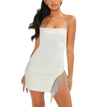 

Sexy Dress Fashion Ladies Mid Waist Suspender Skirt Diamond-Fringed Hem Dress Clubwear